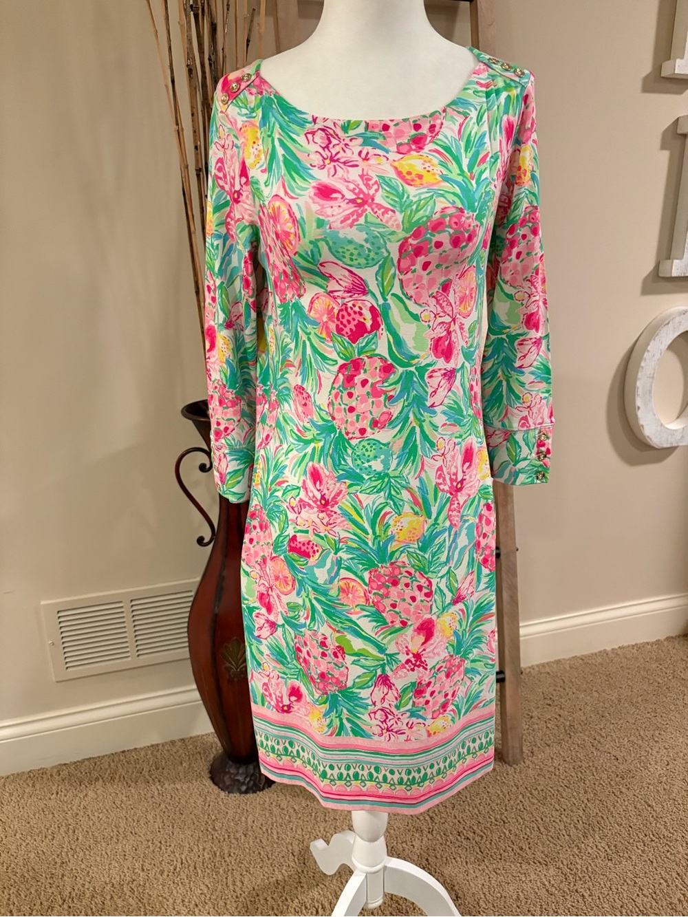 Lilly Pulitzer Pink, Green & Yellow Floral Midi Shift Dress